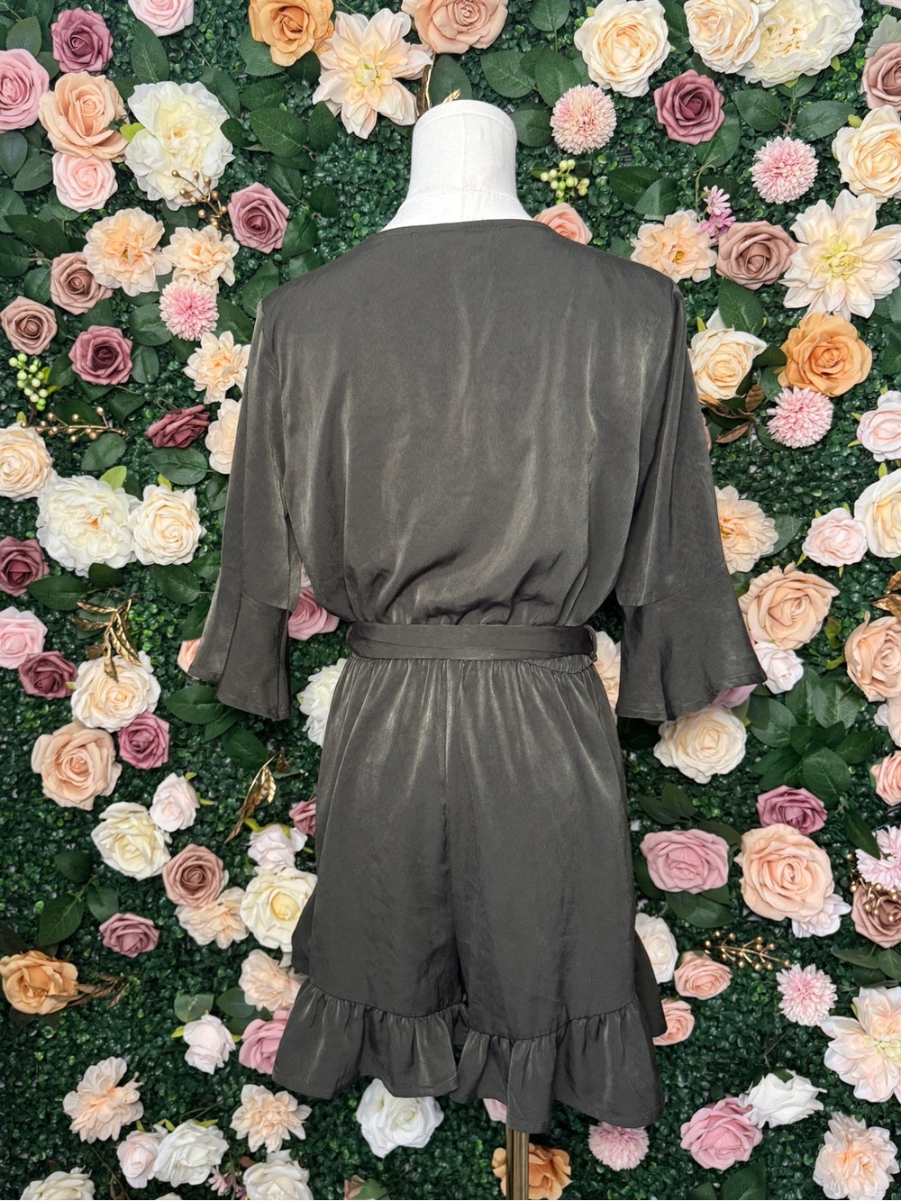 Olive Green Embroidered Wrap Romper - Picture 6 of 7